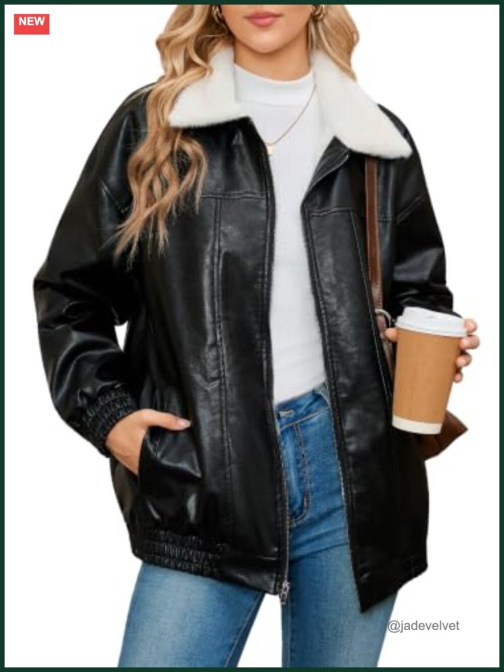 Women's Faux Leather Sherpa Lined Zip Ribbed Oversized Warm Moto Jacket Coat